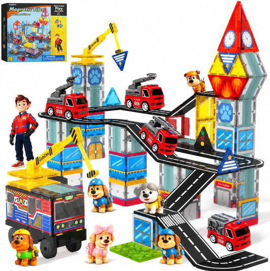 Magnetic Tiles Fire Station with 5 Cars, Magnetic Blocks for Kids Ages 4-8