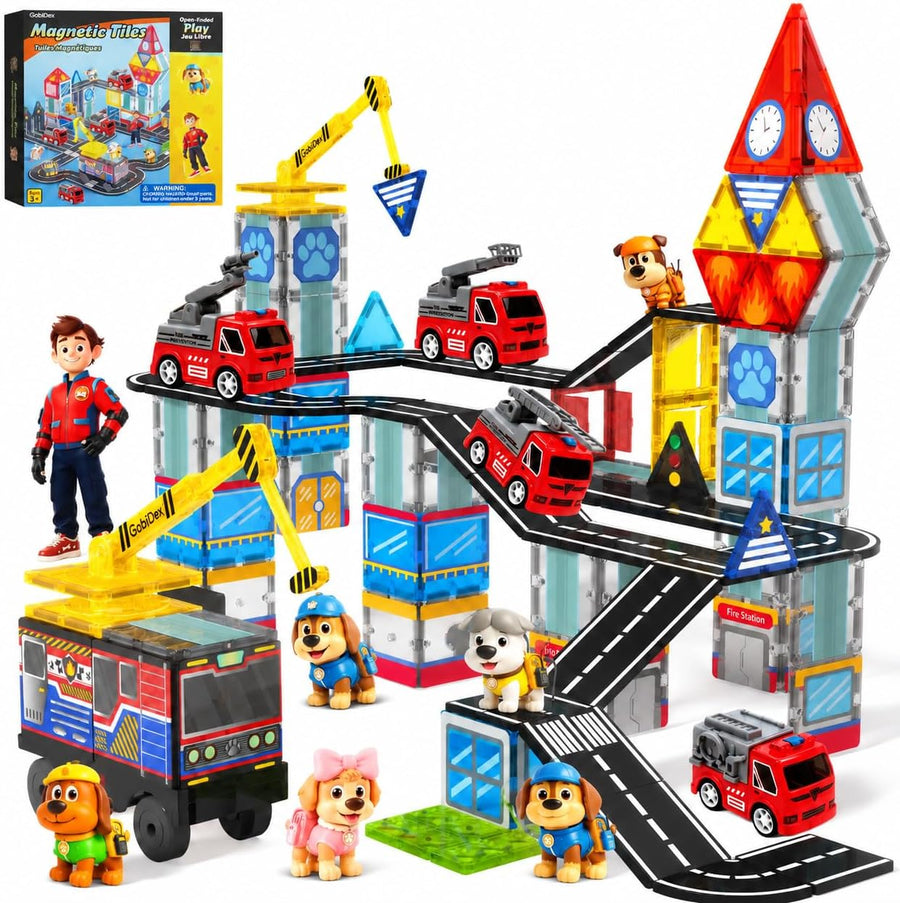 Magnetic Tiles Fire Station with 5 Cars, Magnetic Blocks for Kids Ages 4-8
