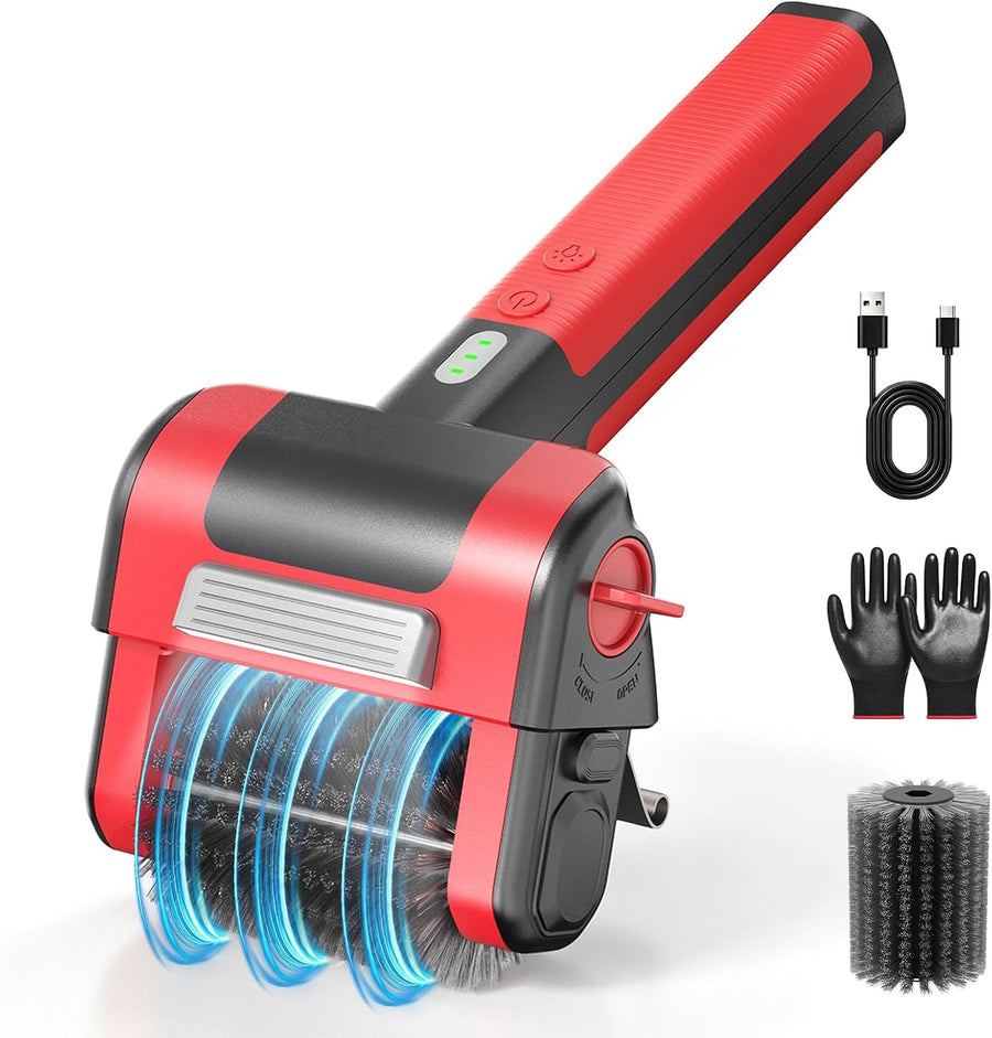 KL102 Electric BBQ Grill Brush 1000 RPM Rechargeable Grill Cleaner, 2-Cell 2600mAh Battery, LED Light, Shedding-Free, Extra Head, Glove, Clean Stubborn Grease on Grills, Grates (Red)