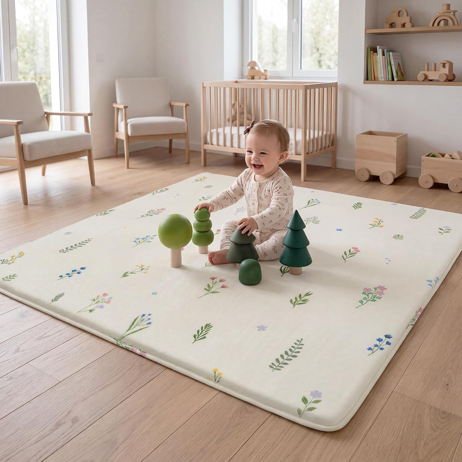 1.3" Thick Baby Floor Play Mat 50x50, Padded Foam Mat (Botanical Sprigs)