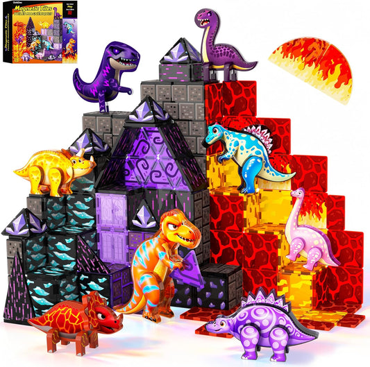 100PCS Magnetic Tiles Dinosaur Toys Building Set with 8 Movable Dinosaurs
