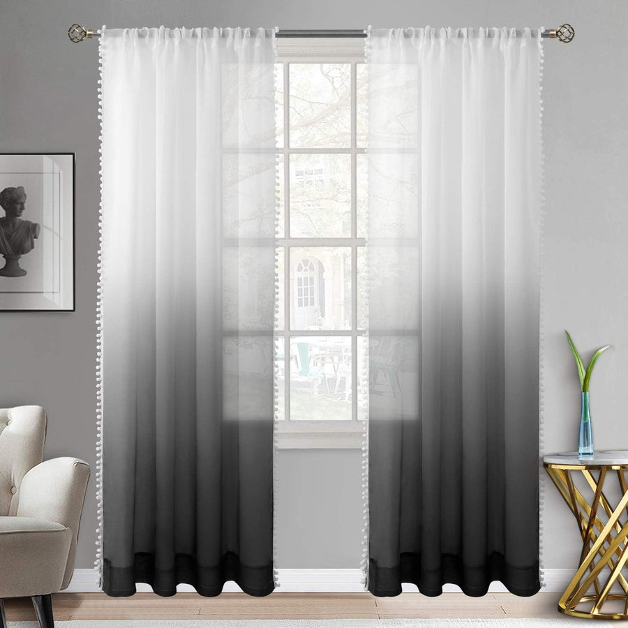 BGment Sheer Linen Curtains with Pom Pom Black 52x84 Inch Set of 2