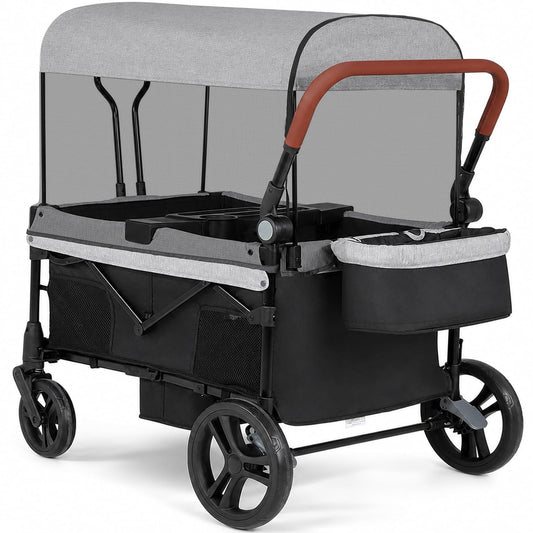 ELEMARA 4 Seater Wagon Stroller for Kids, Foldable Collapsible Wagon with Canopy & Mosquito Net, 200 Lbs Capacity Push Pull Wagon, All Terrain Camping Stroller for 4 Kids with Storage Basket ＆Tray