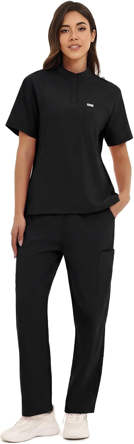 JELRISOFIT Scrubs for Women Set Short Sleeve Stand Collar with Button