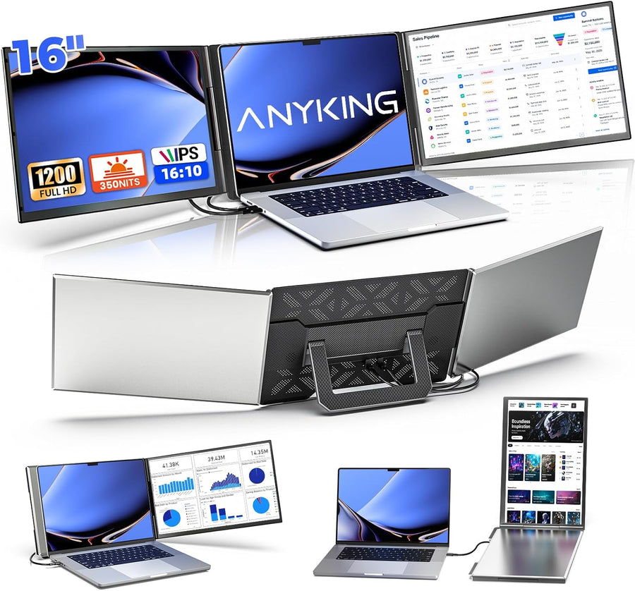 16" Laptop Screen Extender, Dual 1200P IPS Displays, No Clamps, Ultra-Slim