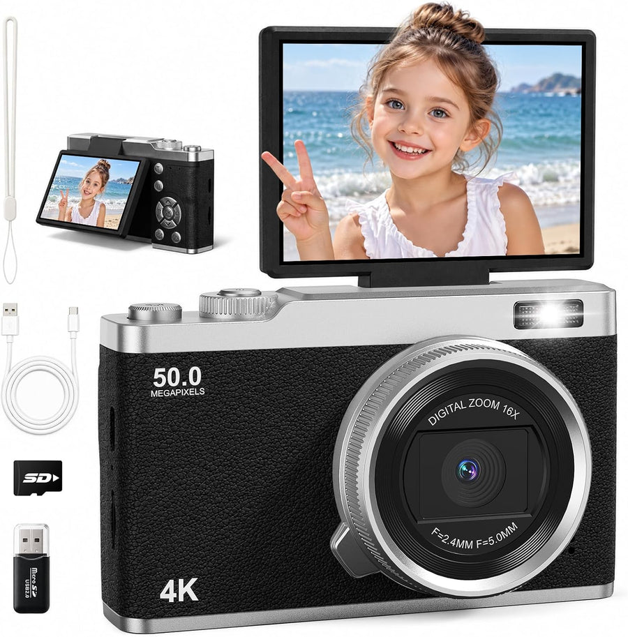Kids Digital Camera for Ages 6-15,Beginner Camera for Boys & Girls,Easy to Use Starter Camera with Flip Screen, Autofocus,Selfie & Video for Travel,School,Birthday, with SD Card
