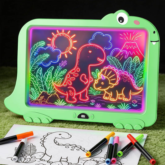 16" Dinosaur LED Drawing Board for Kids, Rechargeable Light Up Drawing Pad with 7 Markers & Tracing Book
