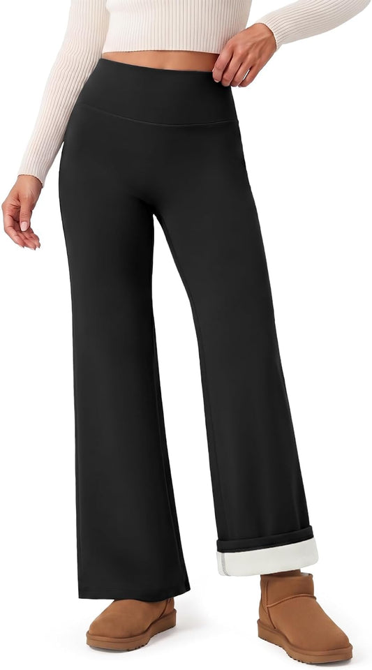 Fleece Lined Wide Leg Pants Women - Winter Thermal Warm Straight Leggings