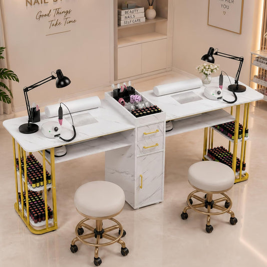 Double Manicure Table for 2 Person, 2 Station Nail Desk with Dust Collector