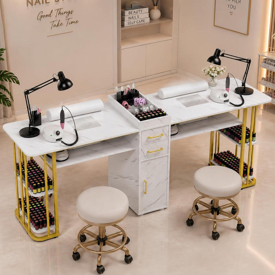Double Manicure Table for 2 Person, 2 Station Nail Desk with Dust Collector