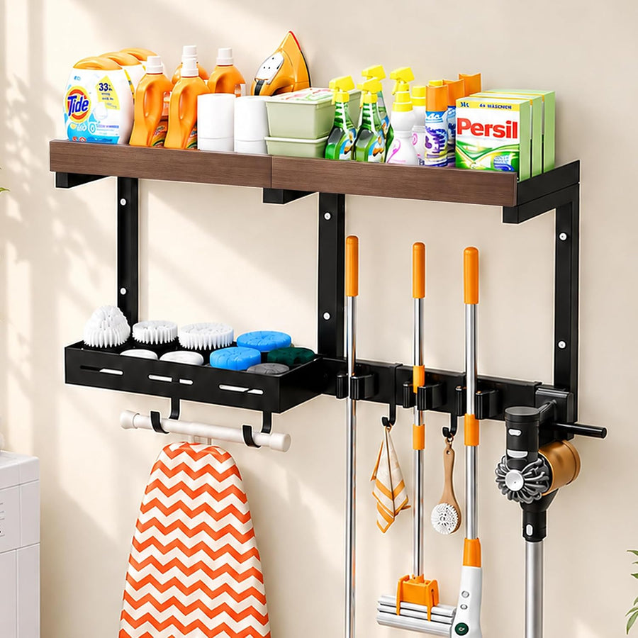 Broom and Mop Organizer with Storage Basket – Wall-Mounted Holder