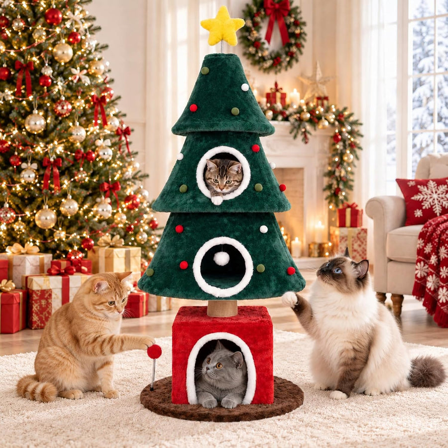 64" Christmas Cat Tree,Tall Cat Tower with 3 Condos for Indoor Cats