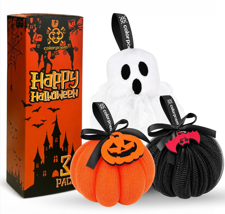 Halloween Loofah Sponge, Loofah with Hanging Loop, Bat, Pumpkin & Ghost Mesh Bath Sponge Puff Set for Body Scrubber Exfoliator Wash Back Scrubbers,3-Pack Shower Loofah Set