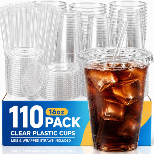 110 Pack 16 oz Disposable Clear Plastic Cups with Lids and Straws