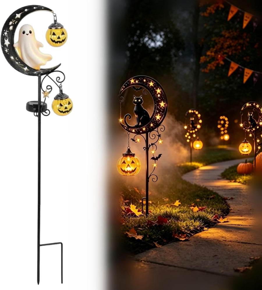 Solar Halloween Black Cat & Pumpkin Moon Garden Stake Light, Metal Crescent Moon & Pumpkin Lantern, Outdoor Waterproof LED Yard Decoration with Crescent Moon, for Patio Lawn Path Yard (D #)
