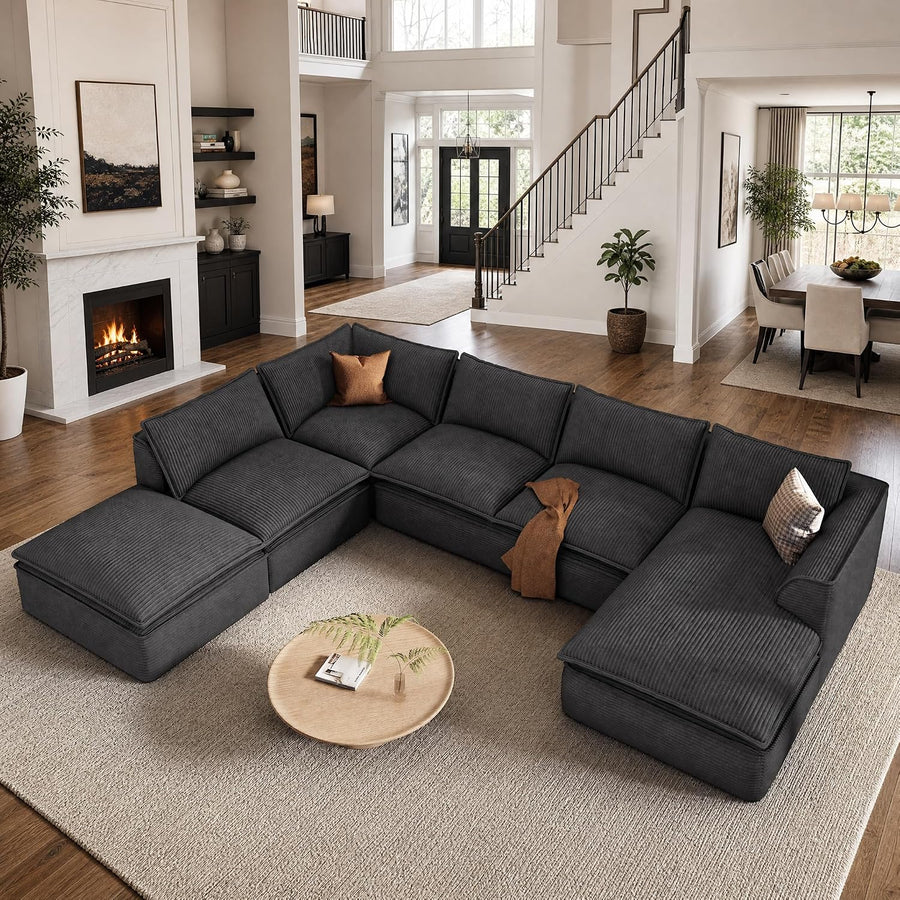 Vesgantti 142" Boneless Sectional Modular Couch,7 Seater Cloud Sofa, Black