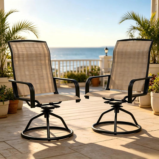 Swivel Patio Dining Chairs Set Textilene Fabrics Heavy Duty Round Base Outdoor Rocking High Backrest Chairs (2, Brown-2, Round Armrest)