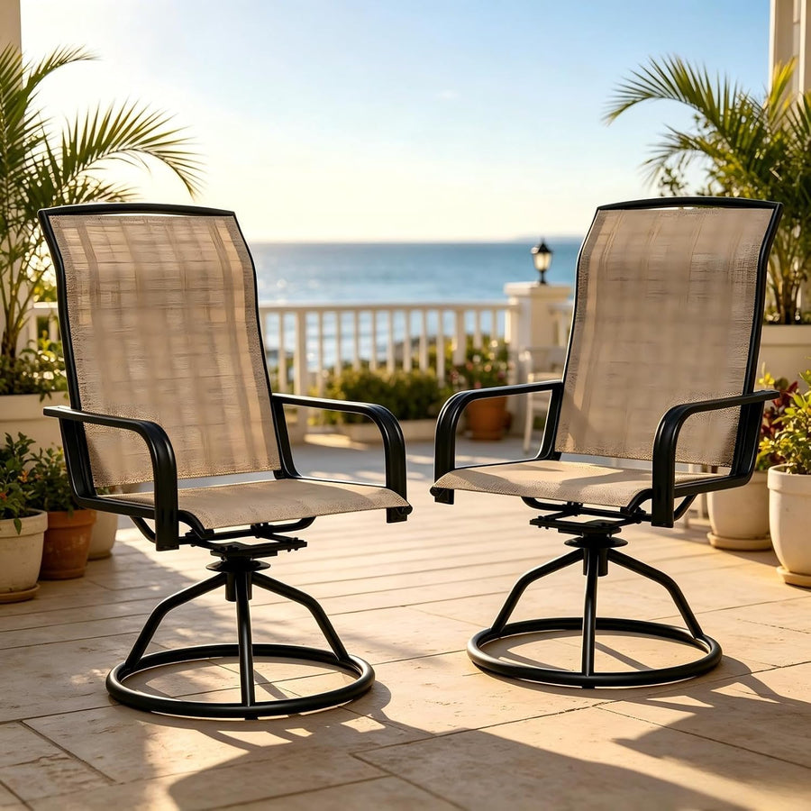 Swivel Patio Dining Chairs Set Textilene Fabrics Heavy Duty Round Base Outdoor Rocking High Backrest Chairs (2, Brown-2, Round Armrest)