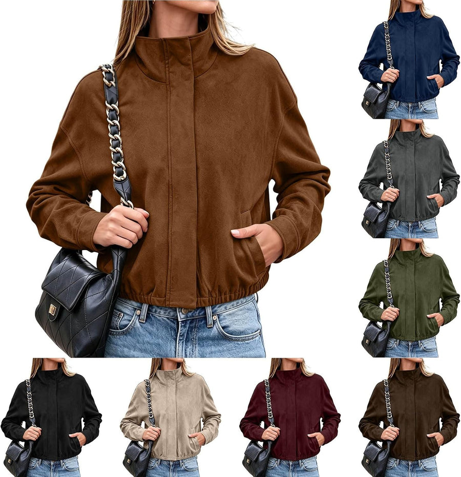 Faux Suede Jacket for Women Trendy Stand Collar Elastic Hem Cropped Coats