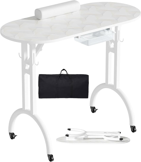 Portable Manicure Table, Mobile Foldable Nail Tech Desk w/Storage, White