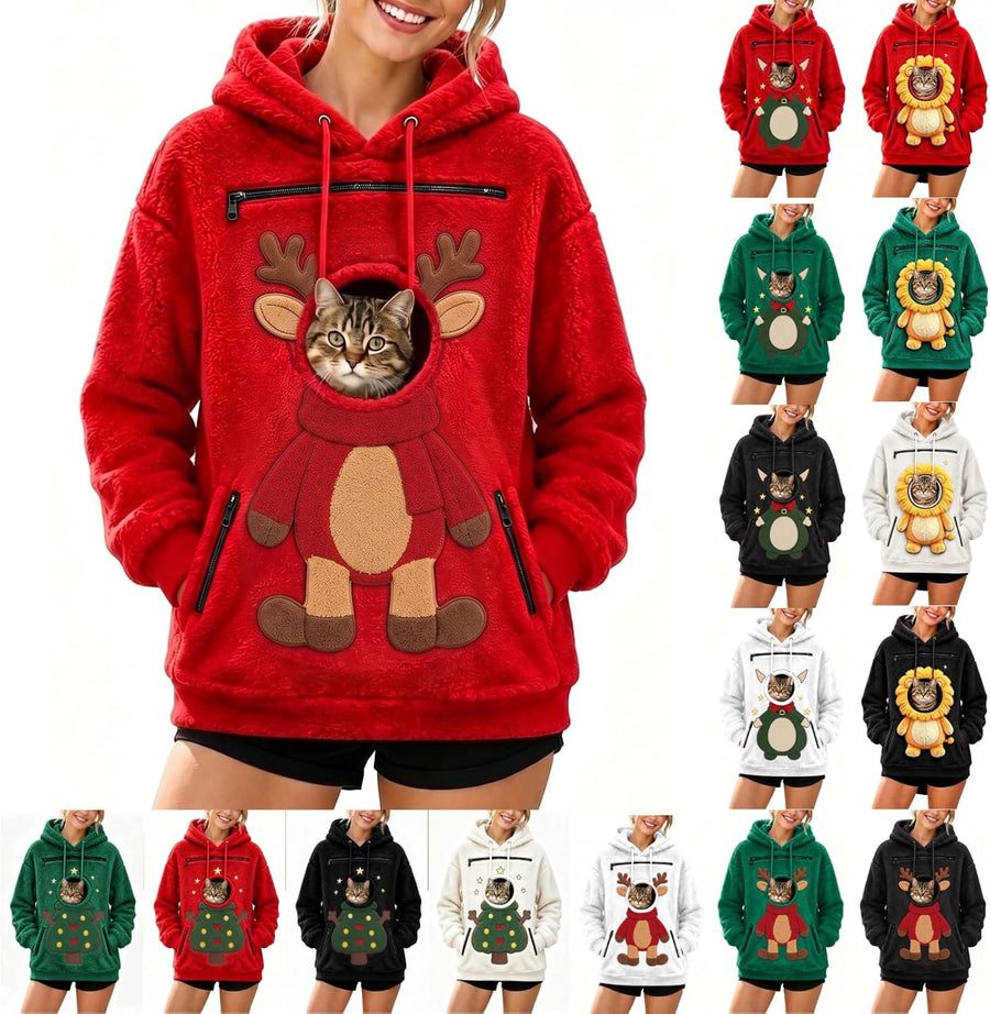 Christmas Sweatshirt Women Pet Pouch Fuzzy Sherpa Hoodie